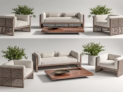 Modern Outdoor Sofa Set With Rattan Chairs Wooden Coffee Table And Beige Cushions 3d model