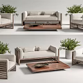 Modern Outdoor Sofa Set With Rattan Chairs Wooden Coffee Table And Beige Cushions