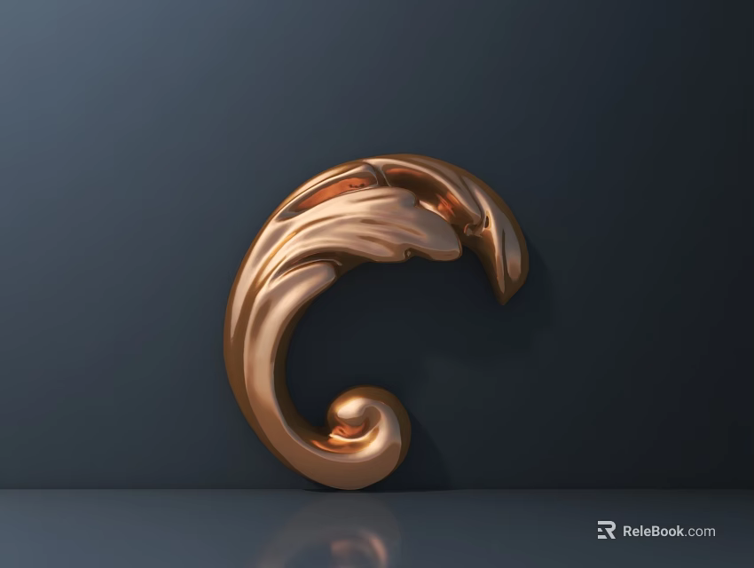 Decorative Copper Metal Carving Featuring Curved Design And Shiny Surface On Dark Background 3d model 
