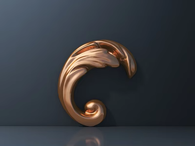 Decorative Copper Metal Carving Featuring Curved Design And Shiny Surface On Dark Background 3d model