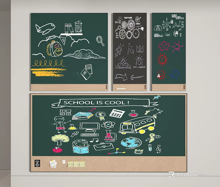 School Themed Blackboard Wall Featuring Colorful Drawings School Bus Airplane And SCHOOL IS COOL Text 3d model 