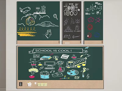 School Themed Blackboard Wall Featuring Colorful Drawings School Bus Airplane And SCHOOL IS COOL Text 3d model