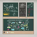 School Themed Blackboard Wall Featuring Colorful Drawings School Bus Airplane And SCHOOL IS COOL Text