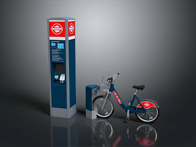 Bike Rental Self Service Kiosk With Red Logo And Parked Bicycle For Public Use 3d model