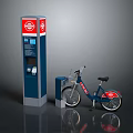 Bike Rental Self Service Kiosk With Red Logo And Parked Bicycle For Public Use