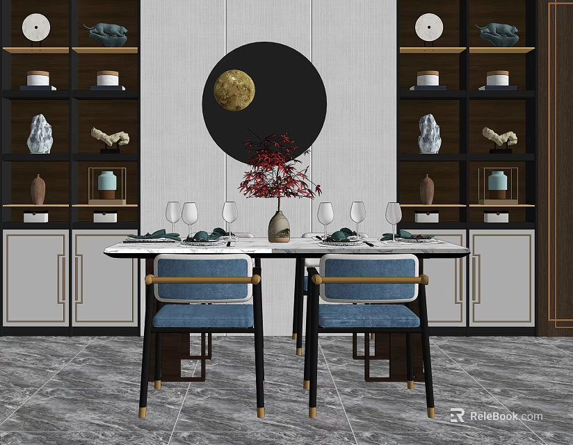 Modern Dining Table Set With Blue Chairs Circular Wall Art And Shelf Decorative Items 3d model