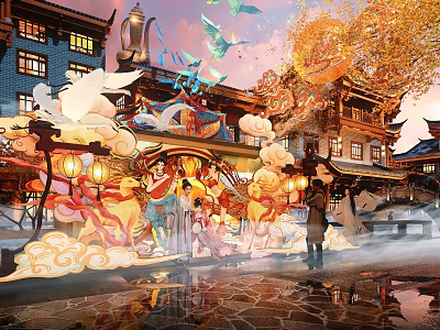 Commercial Landscape with Traditional Architecture Colorful Lanterns and Festive Evening Decorations 3d model