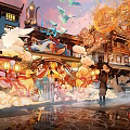 Commercial Landscape with Traditional Architecture Colorful Lanterns and Festive Evening Decorations