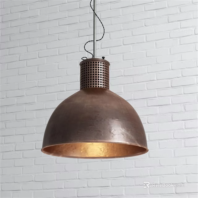 Industrial Copper Pendant Light With Dome Shaped Shade And Perforated Top Against White Brick Wall 3d model 