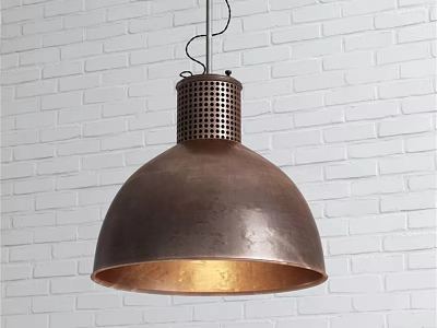 Industrial Copper Pendant Light With Dome Shaped Shade And Perforated Top Against White Brick Wall 3d model