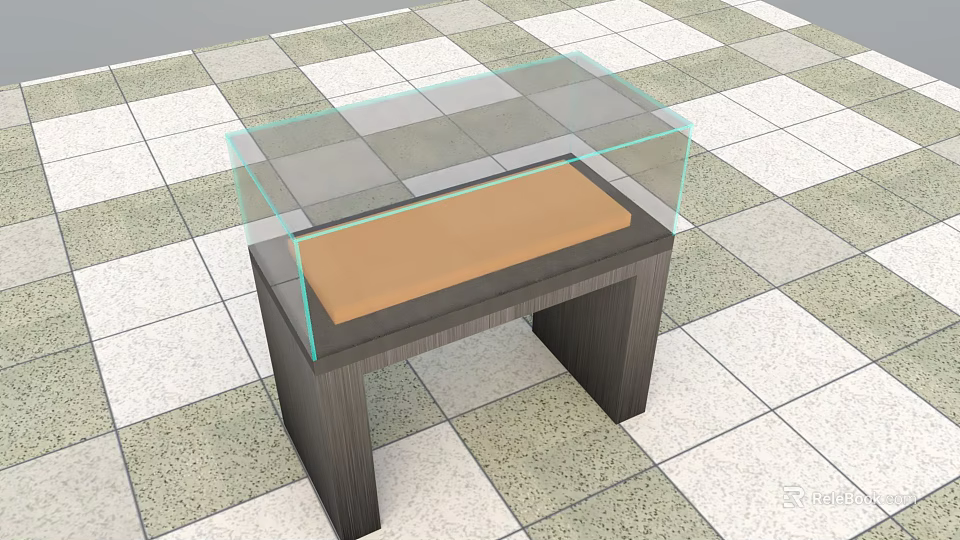 Display Cabinet Shelf With Glass Cover Brown Surface And Wooden Base On Checkerboard Tile Floor 3d model 