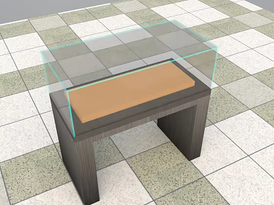 Display Cabinet Shelf With Glass Cover Brown Surface And Wooden Base On Checkerboard Tile Floor 3d model