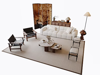 Stylish White Sofa And Coffee Table Set With Armchairs Floor Lamp And Rug 3d model