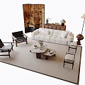 Stylish White Sofa And Coffee Table Set With Armchairs Floor Lamp And Rug