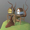 Two Small Tree Houses with Wooden Stairs Platform and Blue Yellow Exteriors