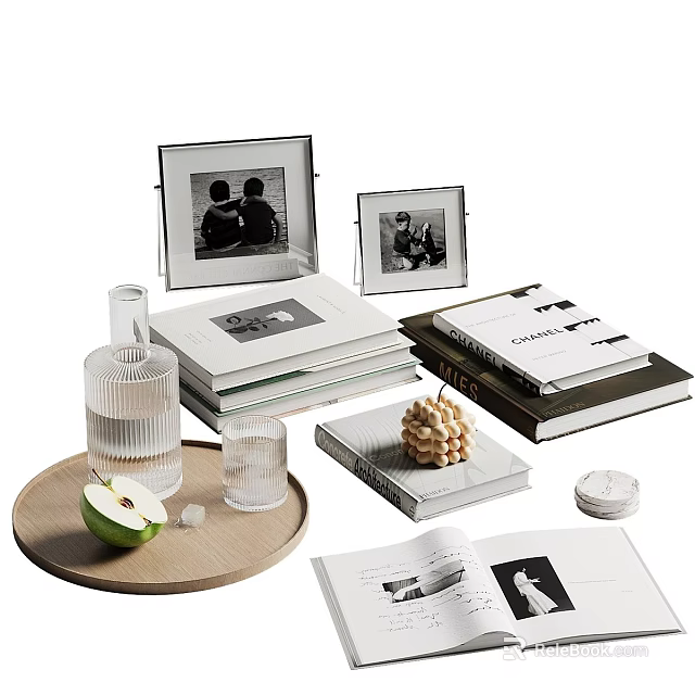 Stacked Books And Open Magazines With Photo Frames And Decorative Ornaments On Tabletop 3d model 