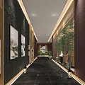 Elegant Elevator Hallway Interior Design With Landscape Paintings And Bamboo Plants 3d model