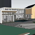 Modern Sales Office Building With Glass Facade Wooden Strips Green Lawn And Waterfront