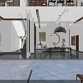 Modern Garden Space With White Walls Wooden Door Decorative Painting Circular Mirror Stones And Water