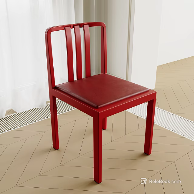 Red Single Chair With Leather Seat Slatted Back On Indoor Geometric Pattern Floor 3d model