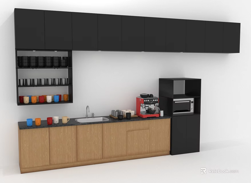 Modern Kitchen Furniture With Black Upper And Wooden Lower Cabinets Sink Coffee Machine And Cups 3d model 