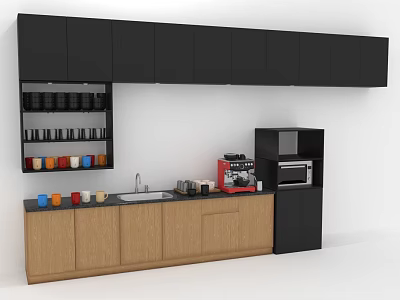 Modern Kitchen Furniture With Black Upper And Wooden Lower Cabinets Sink Coffee Machine And Cups 3d model