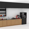 Modern Kitchen Furniture With Black Upper And Wooden Lower Cabinets Sink Coffee Machine And Cups