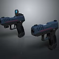 Two Blue Futuristic Pistols With Red Stripe Details And Modern Tactical Design
