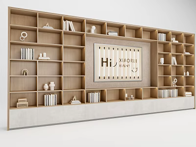 Modern Wooden Bookcase Design Featuring Multiple Shelves Books and Decorative Items 3d model