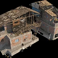Dilapidated Abandoned Building With Broken Roof Scaffolding Brick Walls And Blue Tarp