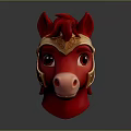 Red Horse Head Sculpture With Golden Armor And Ornate Design Details