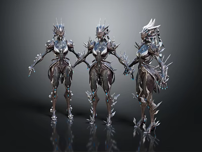 Three Futuristic Game Movie Characters With Silver Spiked Armor Standing Hand In Hand 3d model