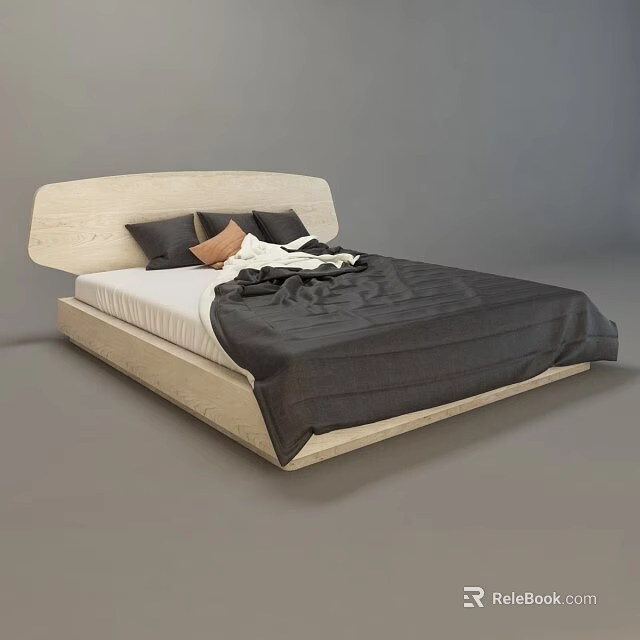 Modern Double Bed With Light Colored Headboard Dark Pillows And Dark Blanket 3d model 