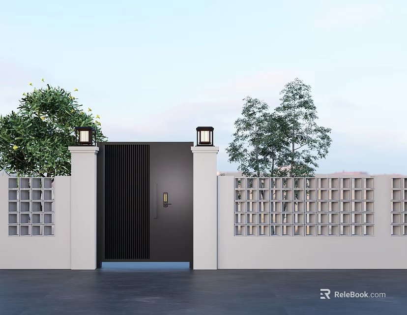 Outdoor Landscape Wall Design With Black Gate White Perforated Panels And Green Trees 3d model 