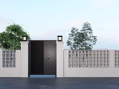 Outdoor Landscape Wall Design With Black Gate White Perforated Panels And Green Trees 3d model
