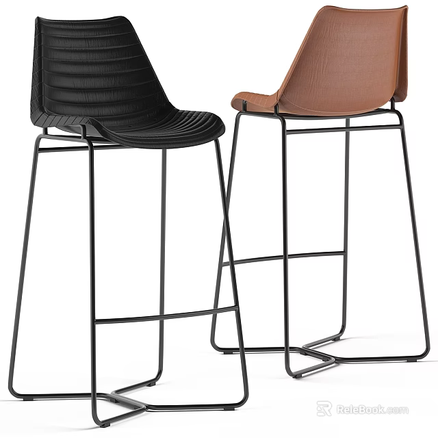 Modern Black and Brown Bar Stools with Upholstered Seats and Metal Frame 3d model 