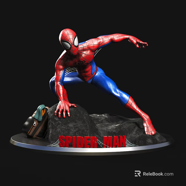 Spider Man Action Figure Statue With Red Blue Suit On Rock Base And Backpack 3d model 