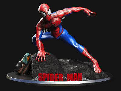 Spider Man Action Figure Statue With Red Blue Suit On Rock Base And Backpack 3d model