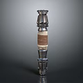Vertical Metallic Weapon With Brown Wrapped Section And Intricate Mechanical Details