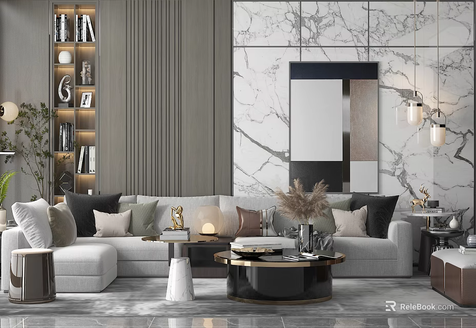 Elegant Modern Sofa And Coffee Table Set With Throw Pillows And Decorative Items 3d model