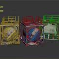 Three Industrial Equipment Units With Colored Metal Frames And Caged Containers