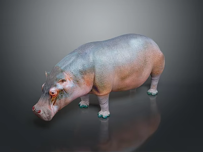 Realistic 3D Hippopotamus Figure With Gray Pink Body Green Feet On Dark Reflective Background 3d model