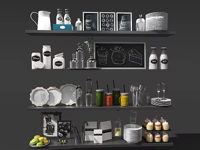 Assorted Kitchenware and Tableware Showcased on Shelves with Mugs Plates Pitcher and Cupcakes 3d model
