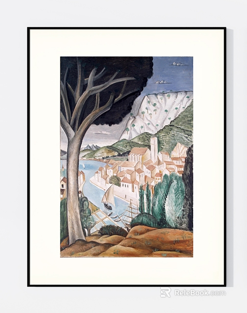 Vibrant Landscape Painting With Large Tree Mountain Village River And Small Boat 3d model 