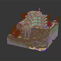 Cartoon Minecraft Hillside Scene With Multi Level Building Trees Grass Waterfall And Water Area
