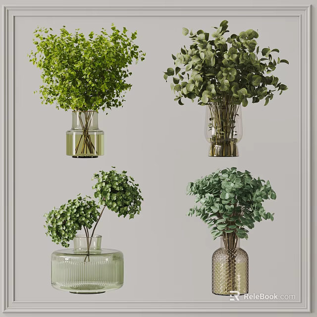 Decorative Vases with Fresh Green Plants in Different Styles for Interior Design 3d model 