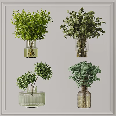 Decorative Vases with Fresh Green Plants in Different Styles for Interior Design 3d model