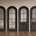 Black Arched Security Doors with Glass Panels and Golden Handles Modern Design