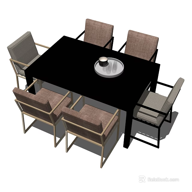 Modern Black Dining Table Set With Brown Gray Upholstered Chairs And Round Tray 3d model 