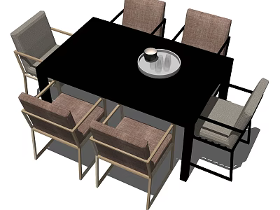 Modern Black Dining Table Set With Brown Gray Upholstered Chairs And Round Tray 3d model